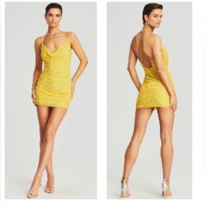 RETROFETE Mich Yellow Sequin Mini Cowl Neck Dress Size M